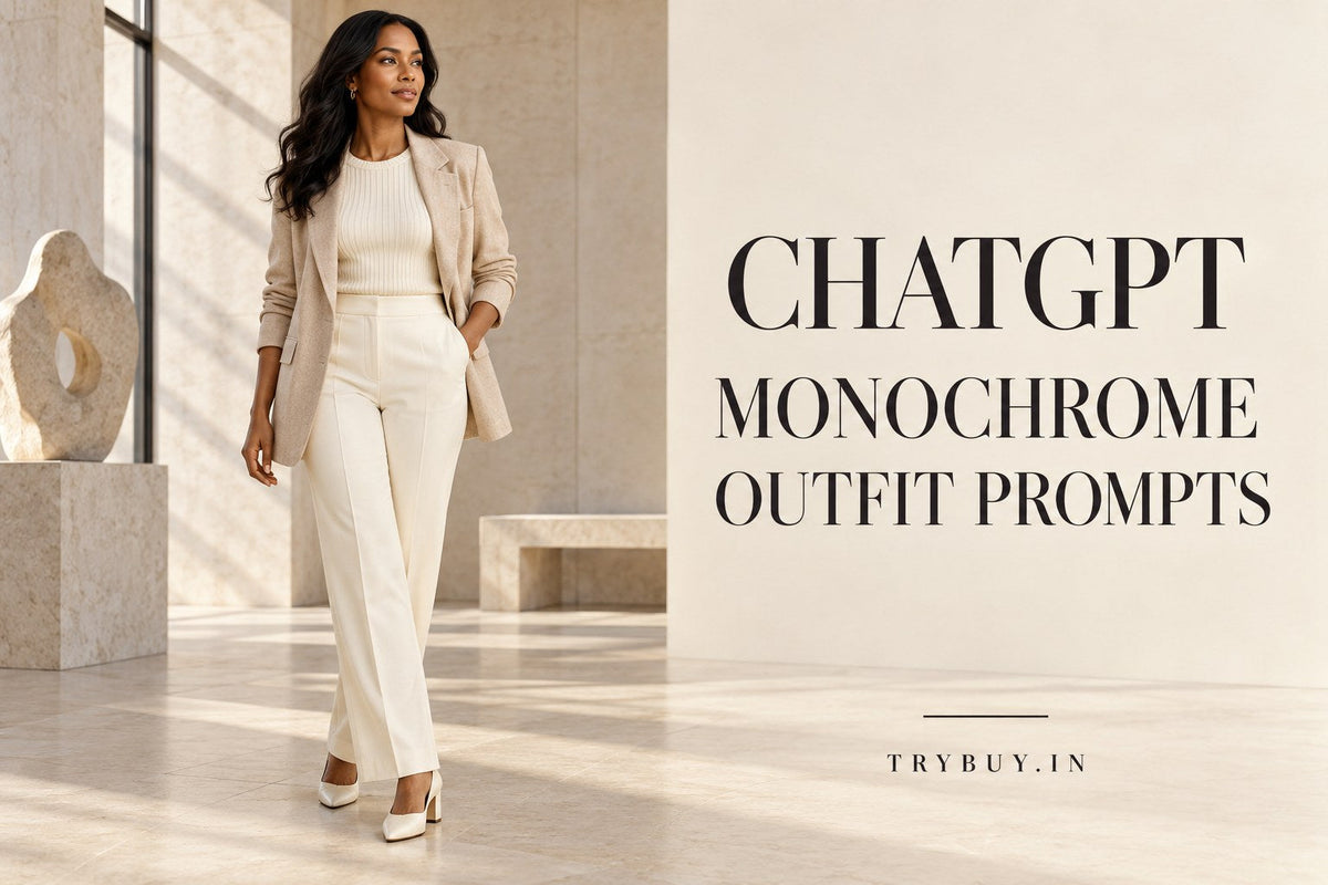 IA-generated adult woman in a cream and ivory tonal outfit with distinct textures, titled ChatGPT Monochrome Outfit prompt.