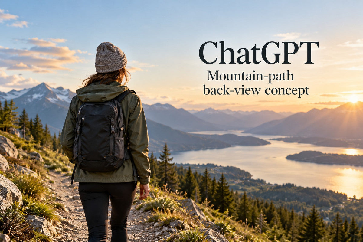 AI-generated editorial concept for Mountain-path back-view concept, with readable ChatGPT topic text.