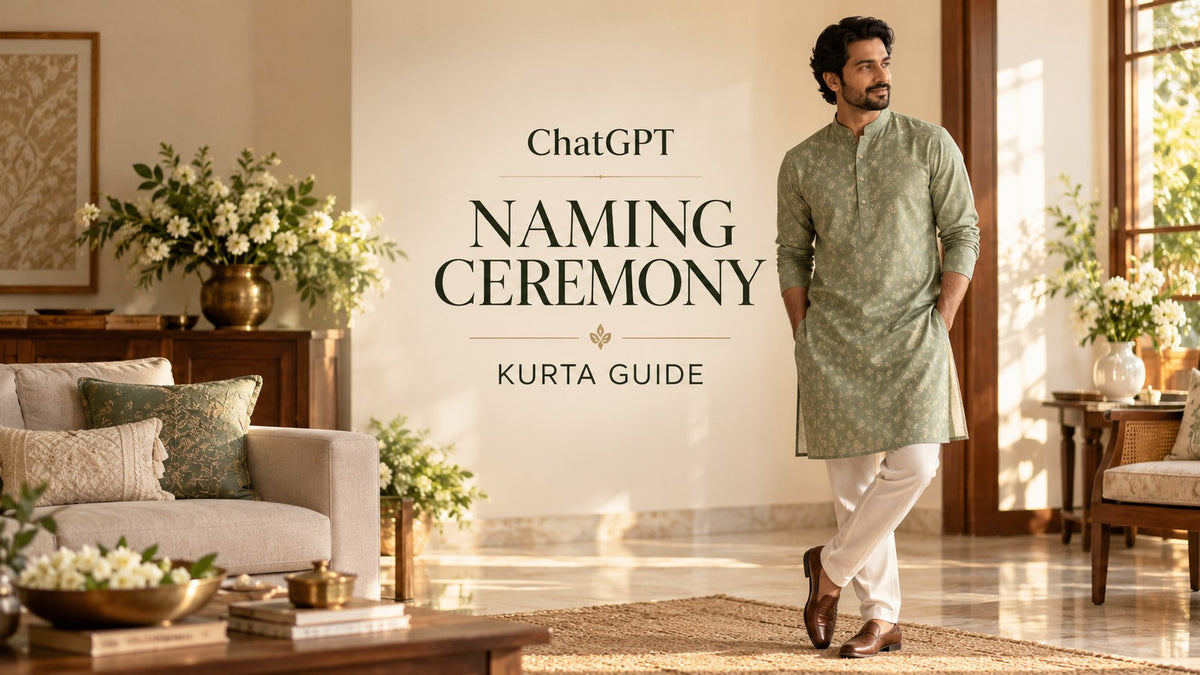 AI-generated editorial concept of an adult man in a sage kurta, with the text ChatGPT Naming Ceremony Kurta Guide.
