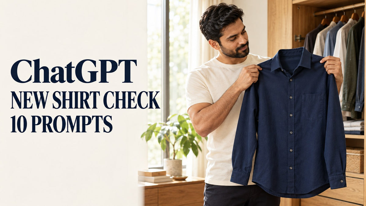 AI-generated editorial concept of an adult man inspecting a fictional navy shirt, with the text ChatGPT New Shirt Check 10 Prompts.