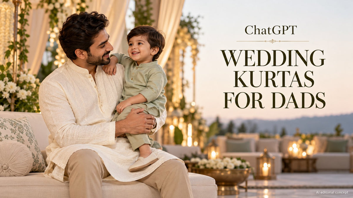 ChatGPT wedding kurta guide: ChatGPT Wedding Kurta Prompts for Dads. AI-generated editorial concept, not a TryBuy product photograph.