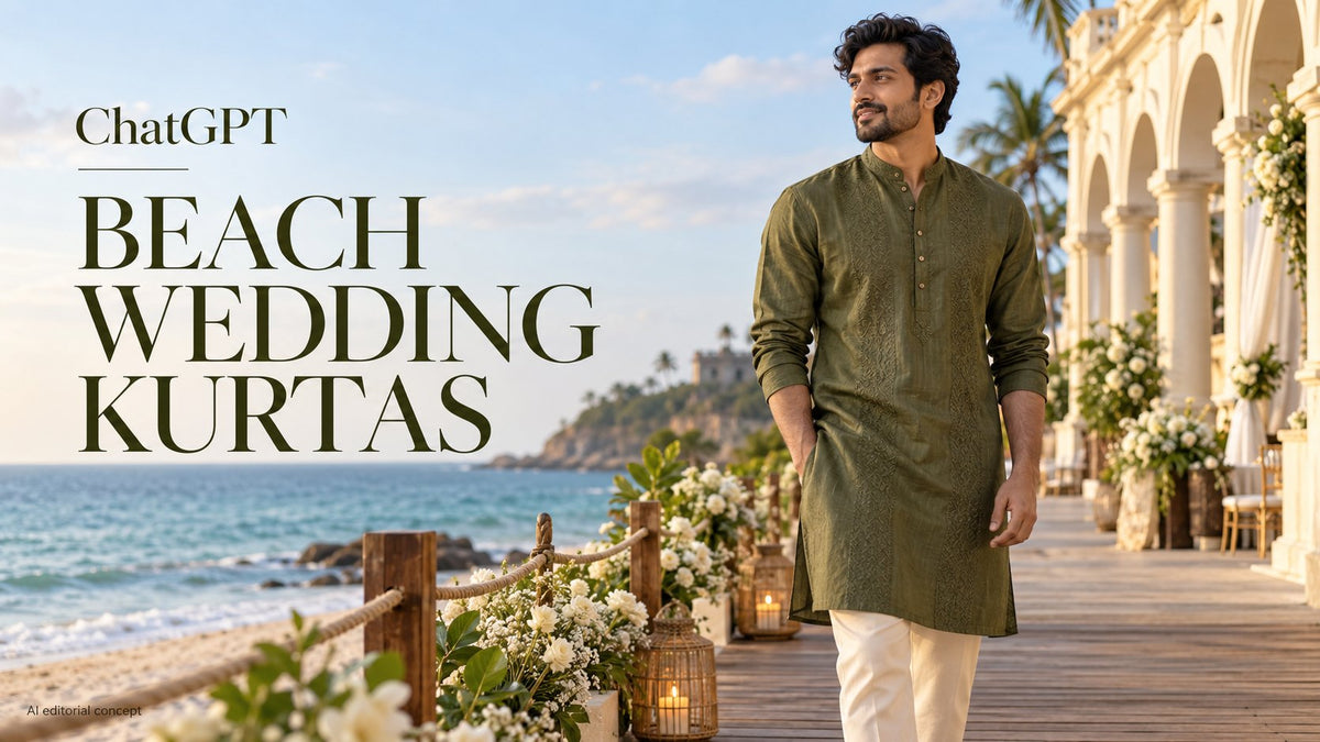 ChatGPT wedding kurta guide: ChatGPT Beach Wedding Kurta Prompts. AI-generated editorial concept, not a TryBuy product photograph.