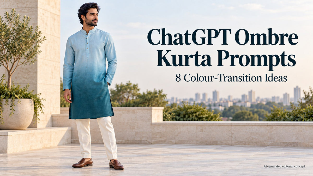 AI editorial adult man in a plain pale-blue-to-teal ombre kurta on a stone terrace, with ChatGPT colour-transition text.