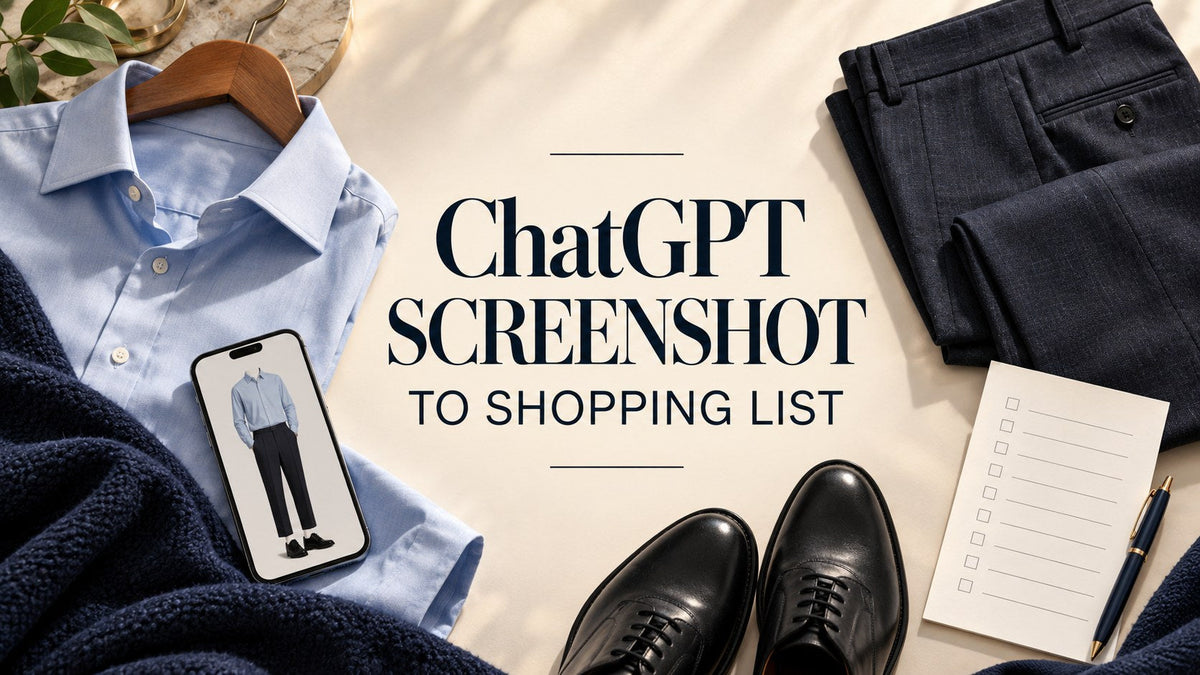 AI-generated editorial concept with a blue shirt, charcoal trousers and checklist around the text ChatGPT Screenshot to Shopping List.