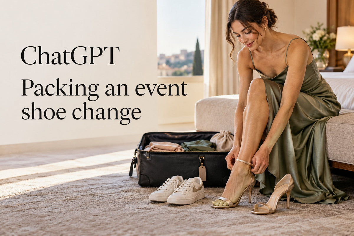 AI-generated editorial concept for Packing an event shoe change, with readable ChatGPT topic text.