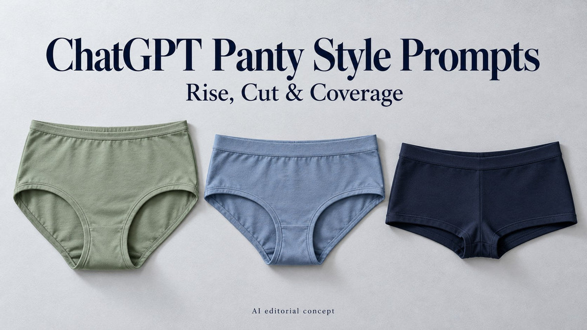 AI-generated sage briefs, blue hipster briefs and navy boyshorts; text reads ChatGPT Panty Style Prompts, Rise, Cut & Coverage.