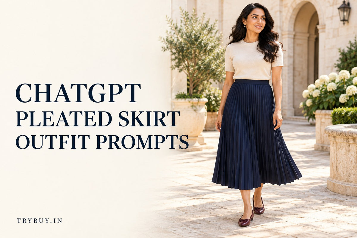 IA-generated adult fashion concept with a navy pleated midi skirt and ivory top, titled ChatGPT Pleated Skirt Outfit prompt.