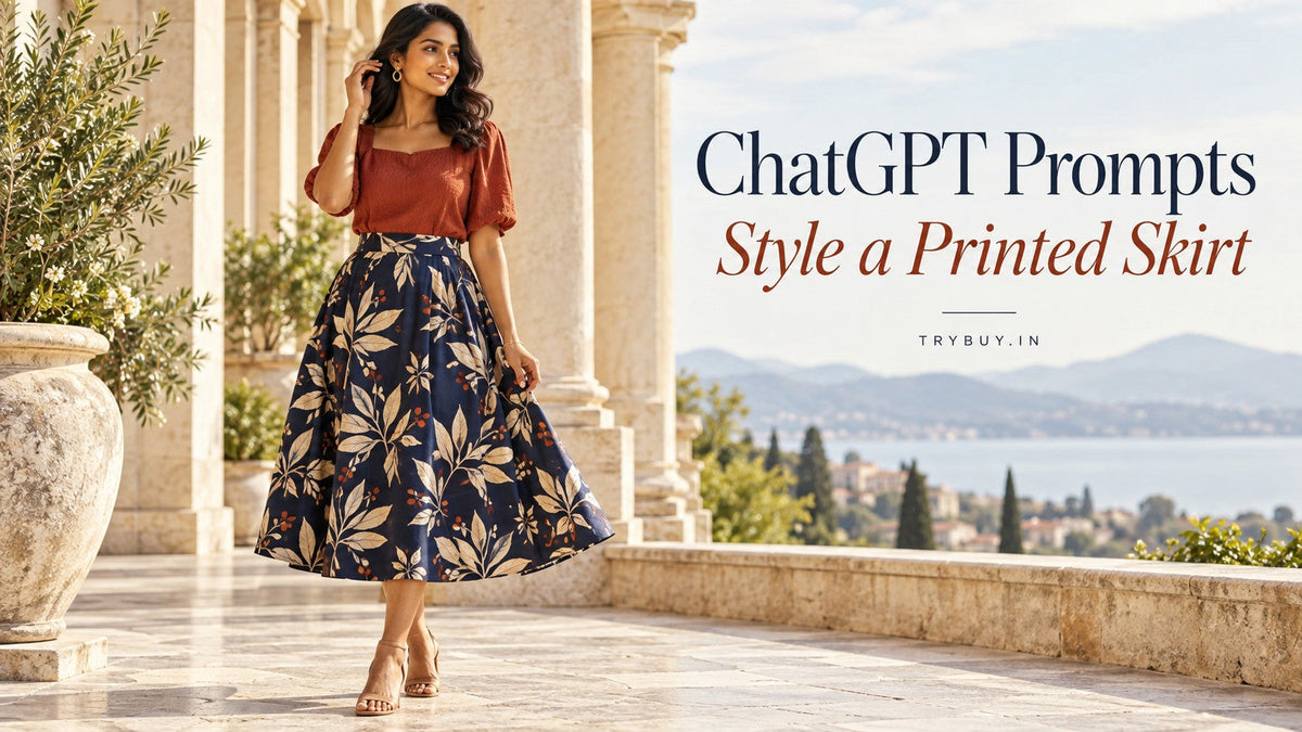 AI-generated editorial cover reading ChatGPT Prompts — Style a Printed Skirt, with an adult woman in a rust top and navy botanical-print skirt