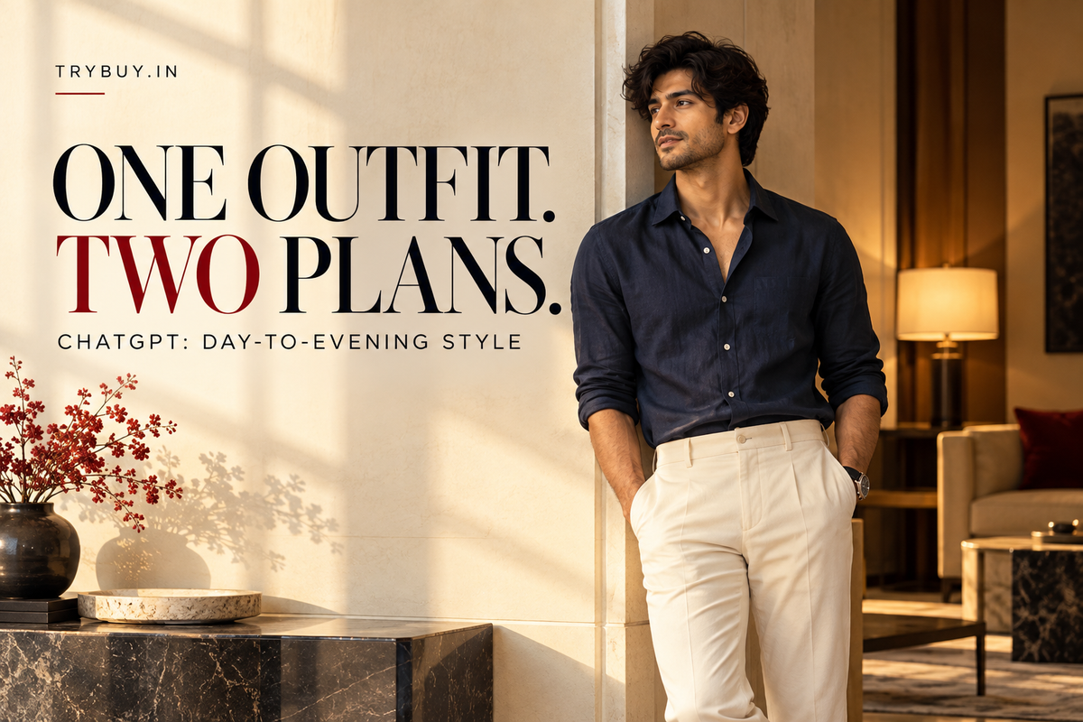 AI-generated man in navy shirt cover with text One Outfit. Two Plans.