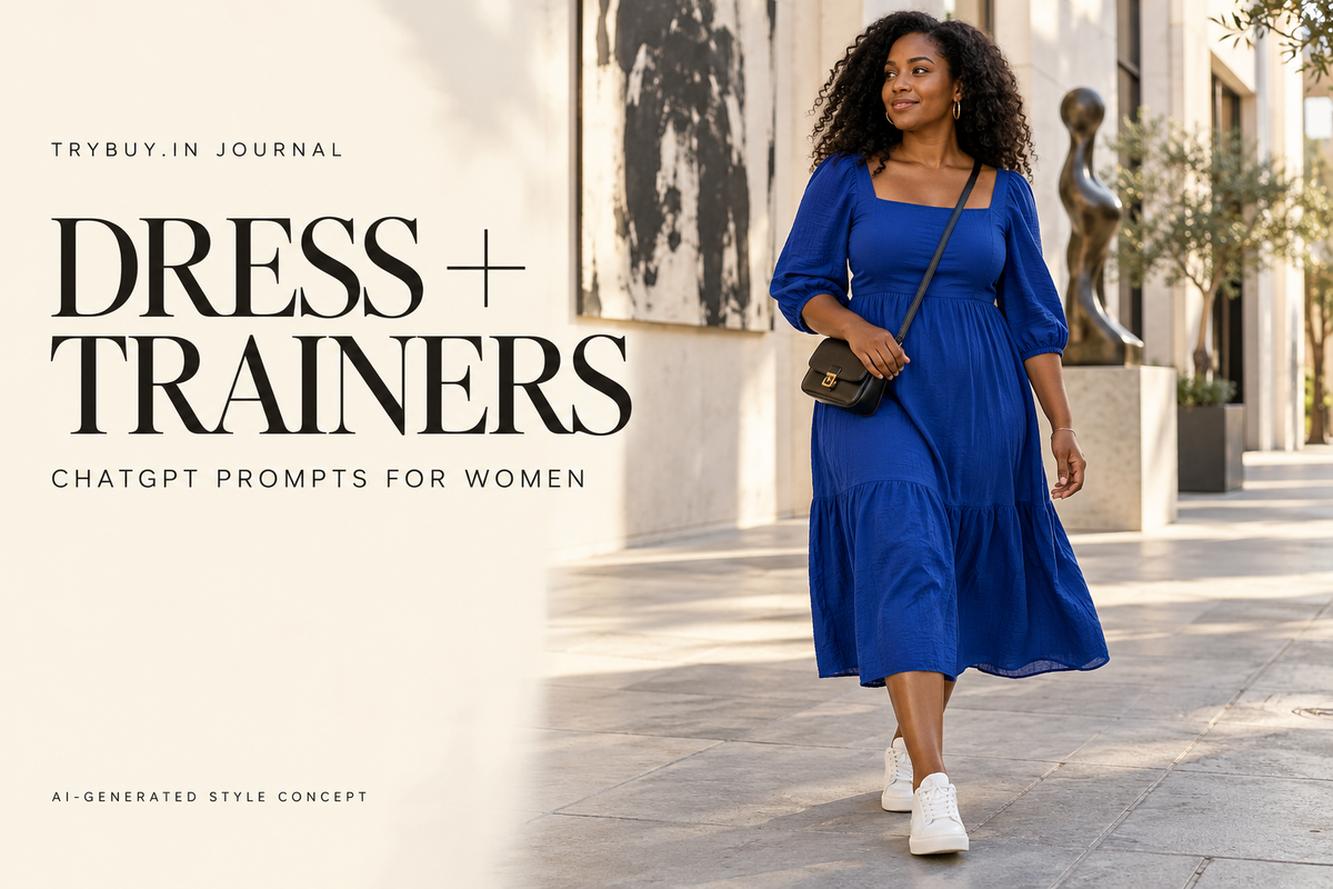AI-generated woman in a blue dress and cream trainers with Dress + Trainers cover text