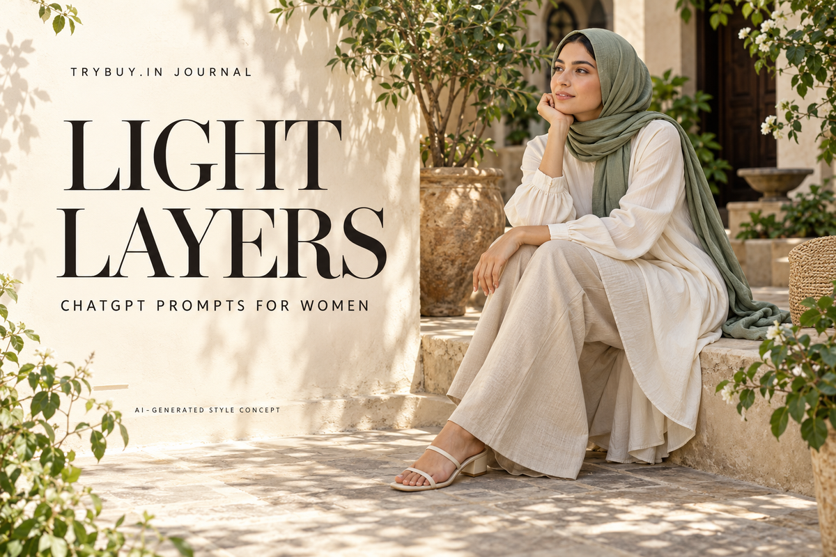 AI-generated modest ivory and sage outfit with Light Layers cover text