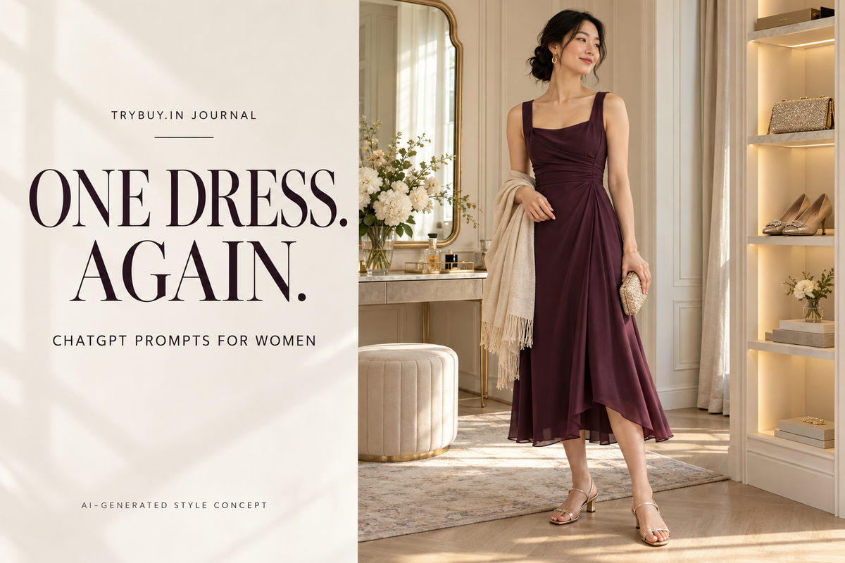 IA-generated woman in a plum occasion dress with One Dress. Again. cover text
