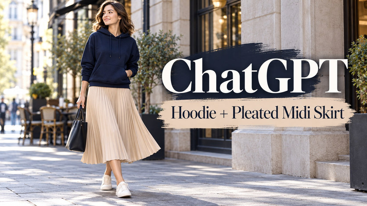 AI-generated editorial concept — ChatGPT: Pullover Hoodie and Pleated Midi Skirt Outfit Prompts; not an actual product photograph