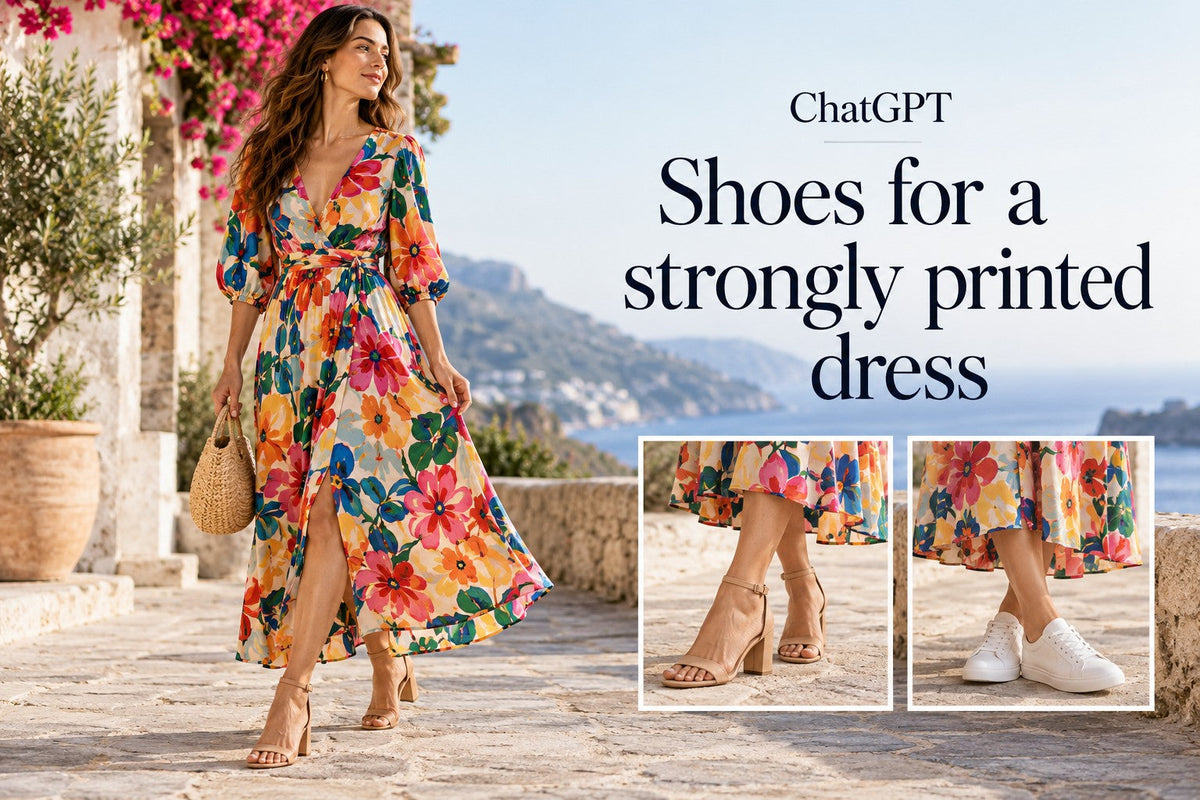 AI-generated editorial concept for Shoes for a strongly printed dress, with readable ChatGPT topic text.