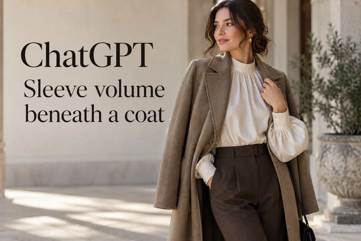 AI-generated editorial concept for Sleeve volume beneath a coat, with readable ChatGPT topic text.