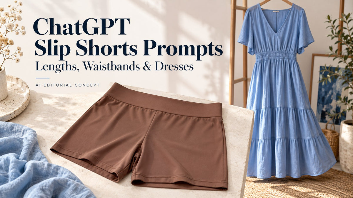 Fictional cocoa slip shorts and a blue midi dress displayed separately with ChatGPT Slip Shorts Prompts text.