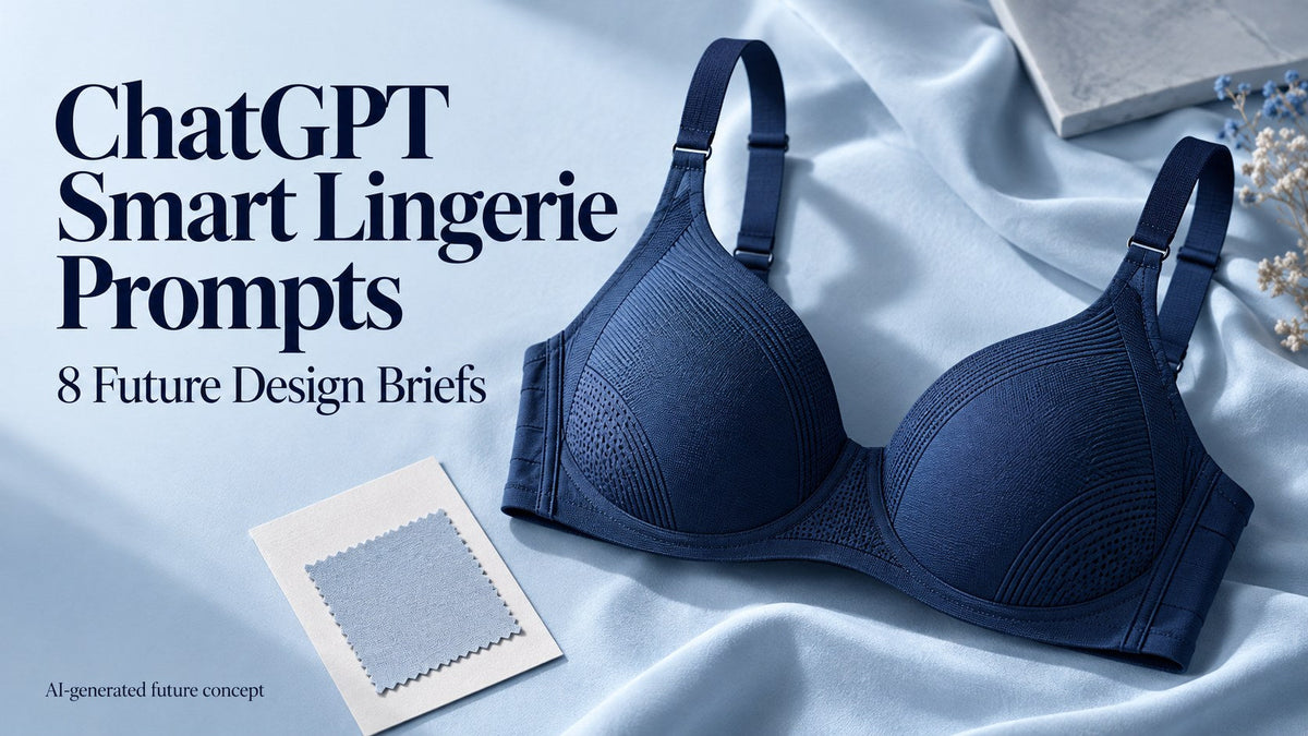 Fictional blue wireless bra with tonal knit panels and ChatGPT smart lingerie future concept typography.