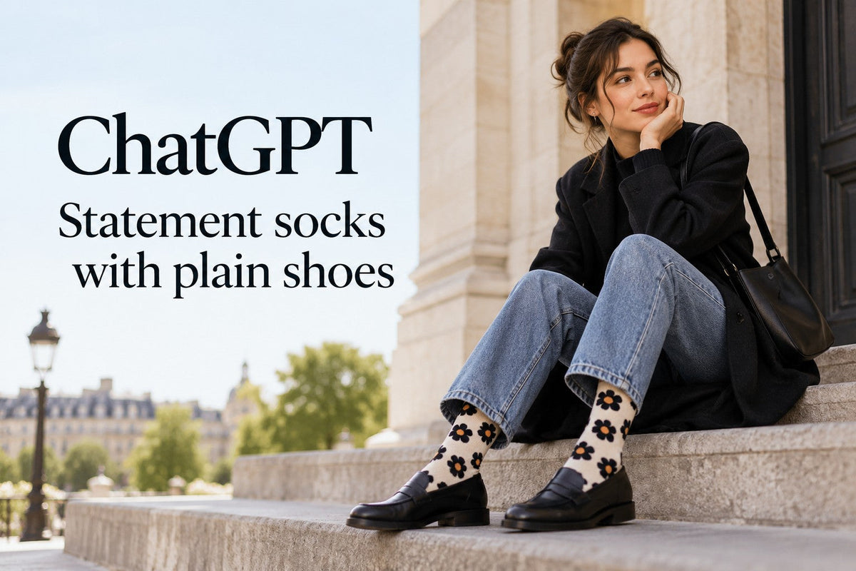 AI-generated editorial concept for Statement socks with plain shoes, with readable ChatGPT topic text.