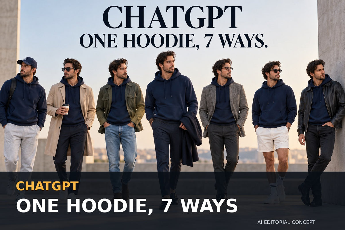 ChatGPT one hoodie, 7 ways — AI-generated pullover hoodie editorial concept