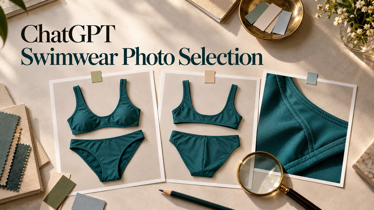 AI-generated editorial concept of a desk with swimwear photo proofs, with the text ChatGPT Swimwear Photo Selection.