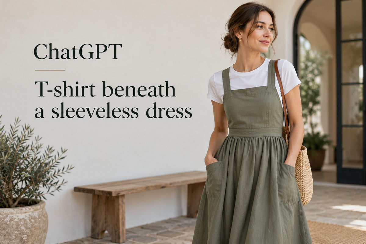 AI-generated editorial concept for T-shirt beneath a sleeveless dress, with readable ChatGPT topic text.