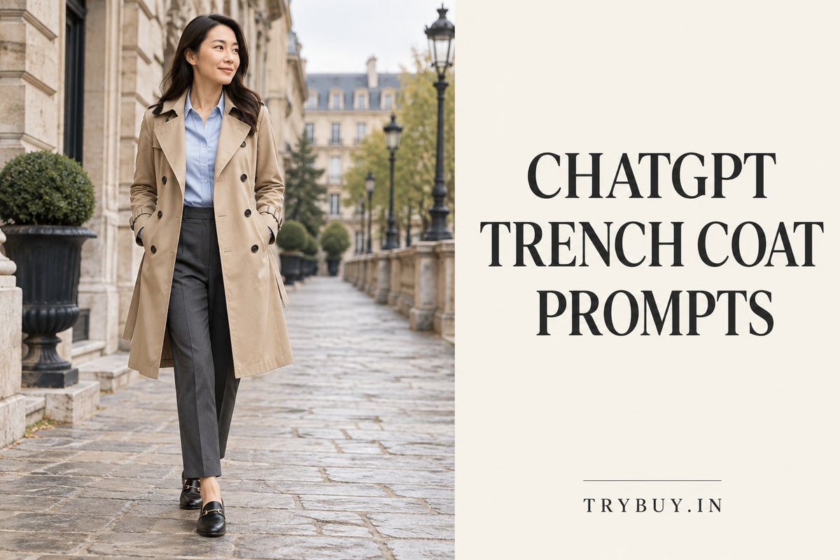 IA-generated adult woman wearing an open beige trench coat over a blue shirt and dark trousers, titled ChatGPT Trench Coat prompt.