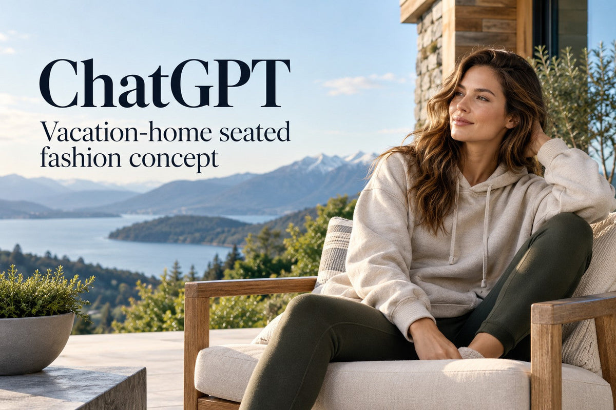 AI-generated editorial concept for Vacation-home seated fashion concept, with readable ChatGPT topic text.