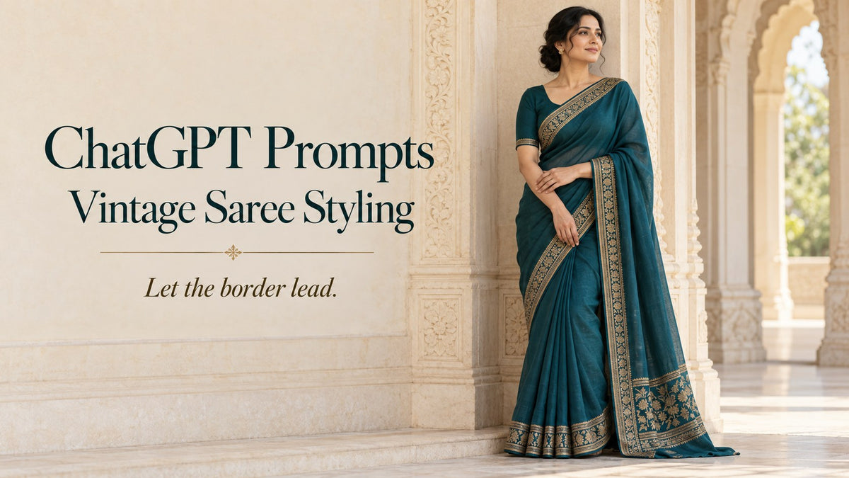 KI-generated woman wearing a teal saree with a gold-coloured border