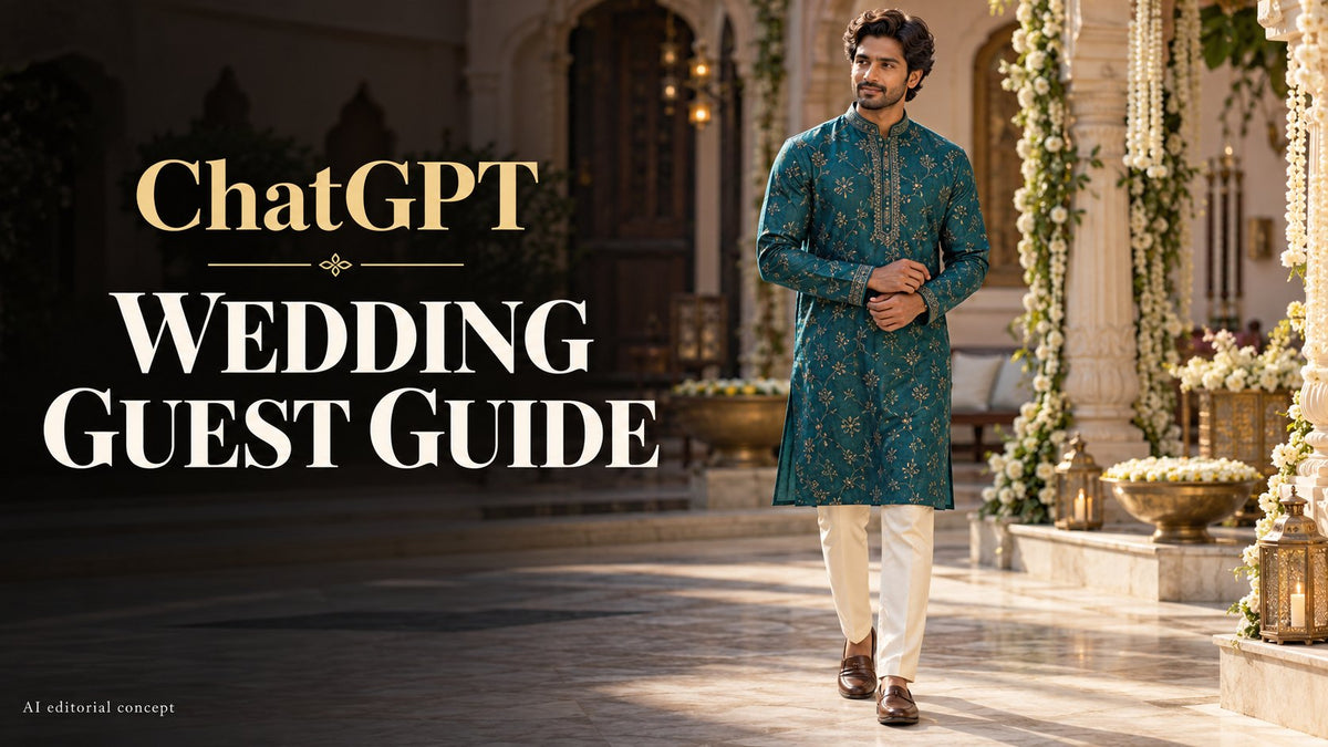 ChatGPT — WEDDING GUEST GUIDE. AI-generated editorial kurta concept, not a TryBuy product photograph.