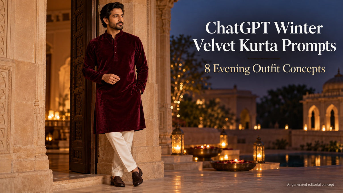 KI editorial adult man in a wine-coloured velvet-look kurta at a sandstone doorway, with ChatGPT winter prompt text.