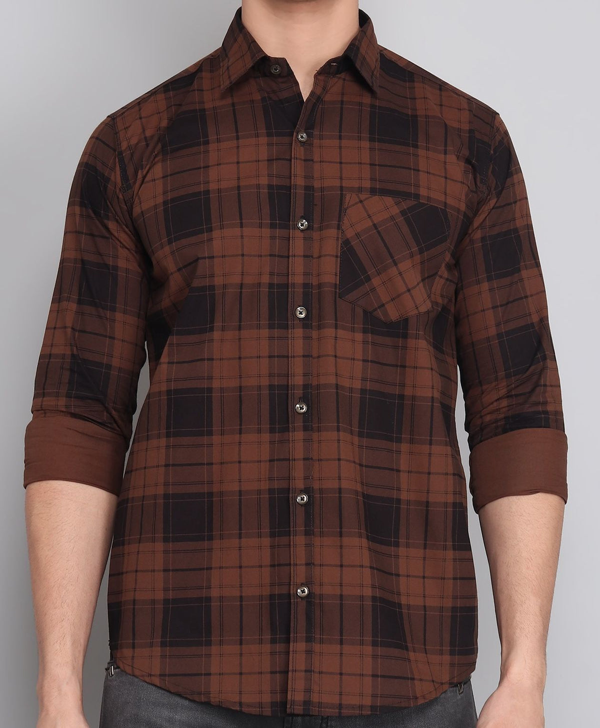 Brown checked shirt for men styled for neutral casual and smart-casual outfits