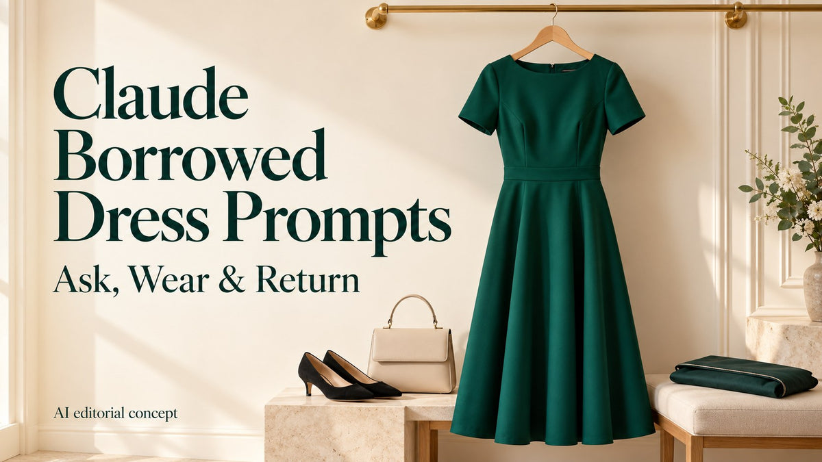 AI editorial concept of an emerald dress on a hanger with shoes and a bag, with Claude borrowing title text.