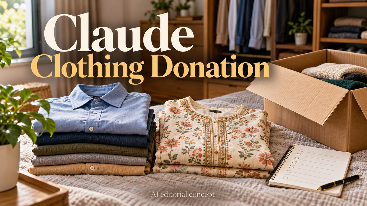 AI editorial still life of folded shirts and a kurta beside a donation box, with text Claude Clothing Donation.