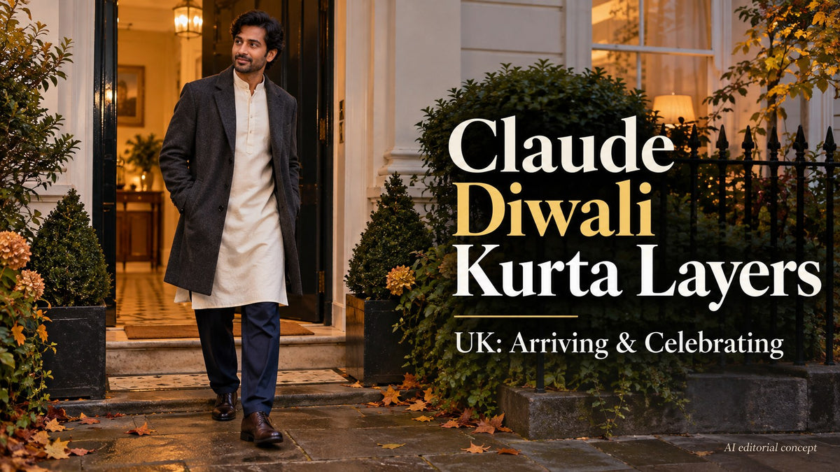 Fictional adult in a cream kurta, navy pyjamas and open charcoal coat, with Claude Diwali Kurta Layers and UK typography.