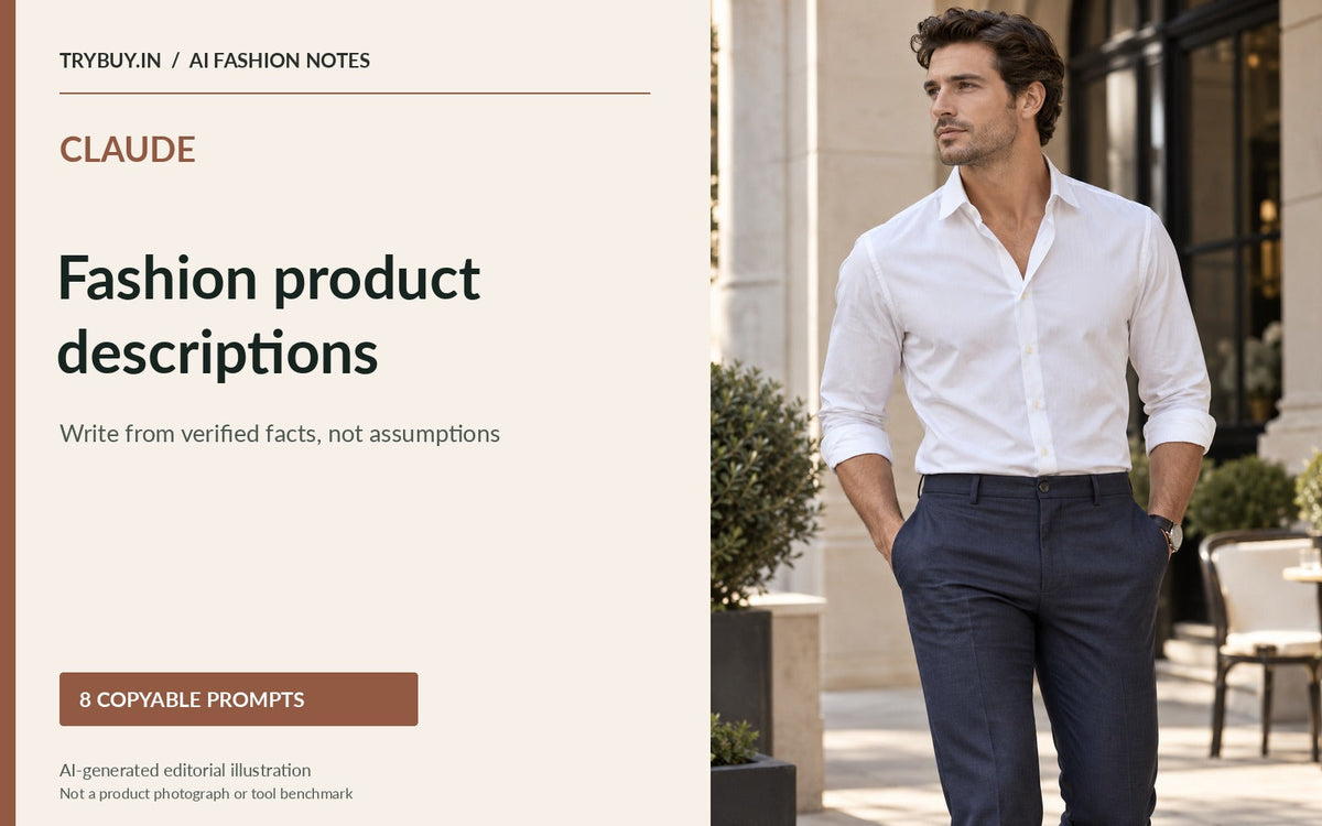 Claude fashion product-description prompt guide beside a model wearing a white shirt and navy trousers; illustrative AI artwork, not product evidence.