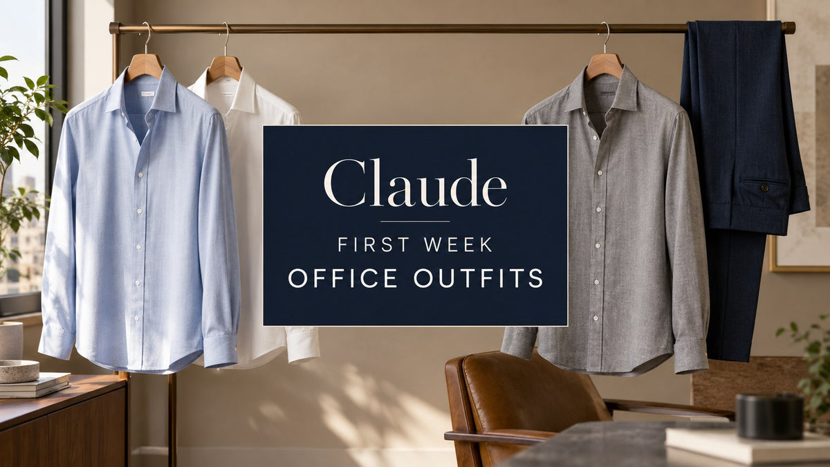 AI-generated editorial concept of blue, white and grey shirts in an office dressing area with the text Claude First Week Office Outfits.
