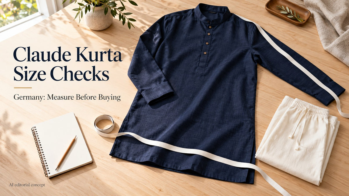 Navy kurta and ivory pyjamas on a tailoring table with a tape measure, labelled Claude Kurta Size Checks and Germany.