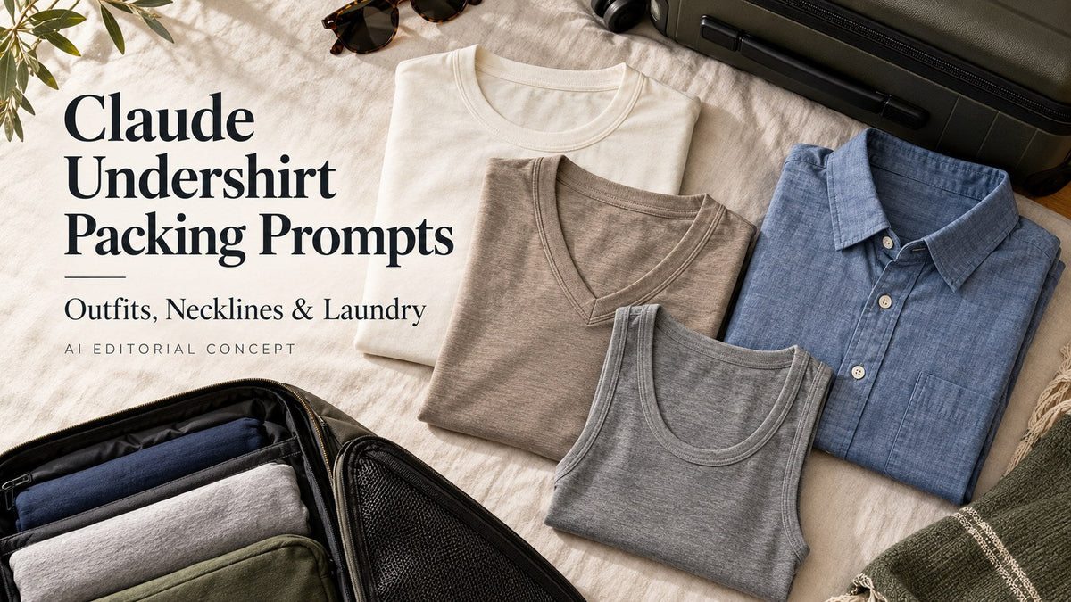 Folded fictional crew-neck, V-neck and sleeveless undershirts with a shirt and Claude Undershirt Packing Prompts text.