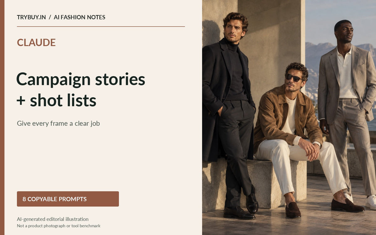 Claude campaign storyboard and shot-list guide with three menswear models on a stone terrace; AI-generated editorial artwork, not a real campaign.