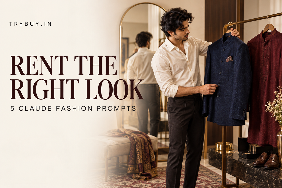 Editorial cover showing a man comparing a navy occasion jacket and maroon kurta, with Rent the Right Look and 5 Claude Fashion Prompts