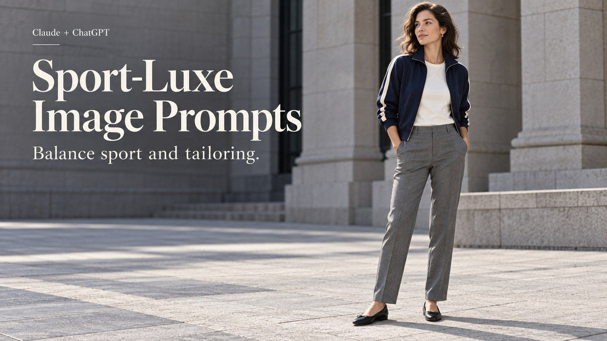 AI-generated woman in a navy track jacket, grey tailored trousers and black flats