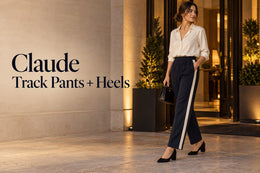 Claude Track Pants and Heels prompt: Write a Wearable Evening Image Brief