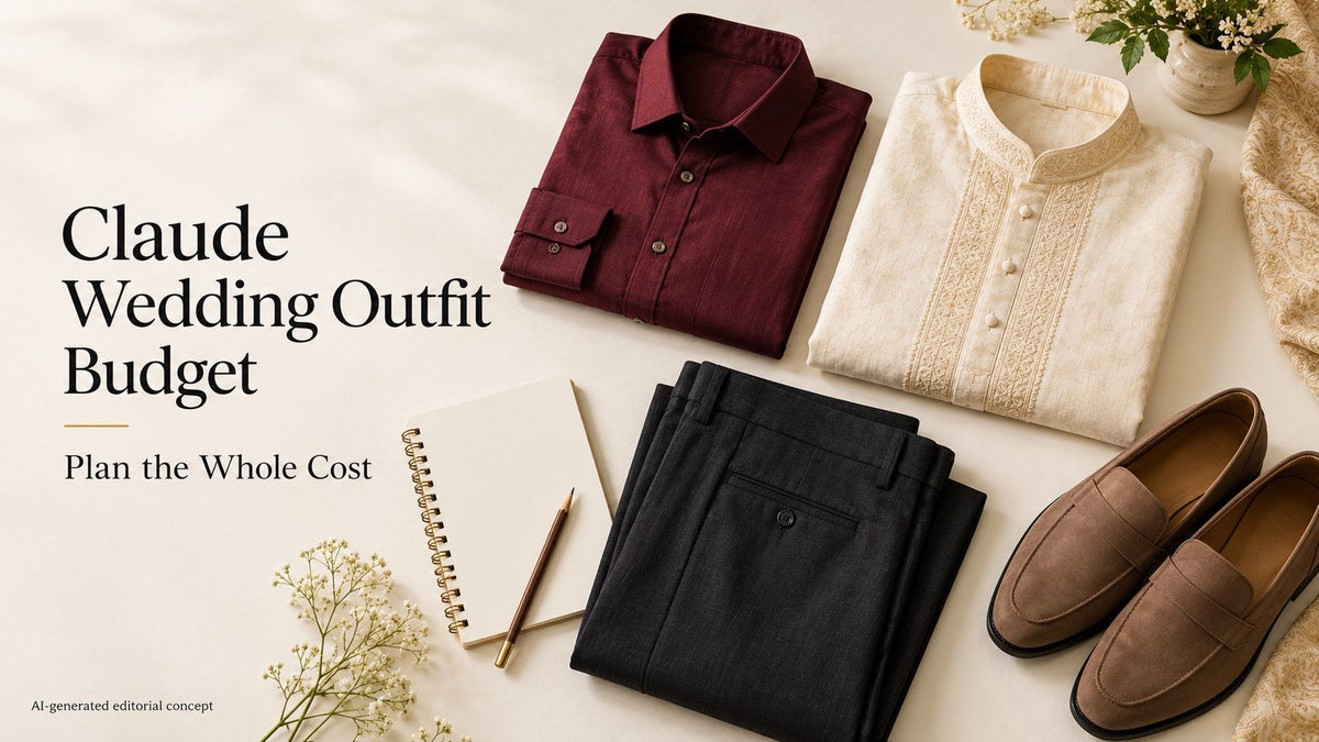 AI editorial flat lay of a burgundy shirt, cream kurta, trousers and shoes with Claude wedding budget title text.