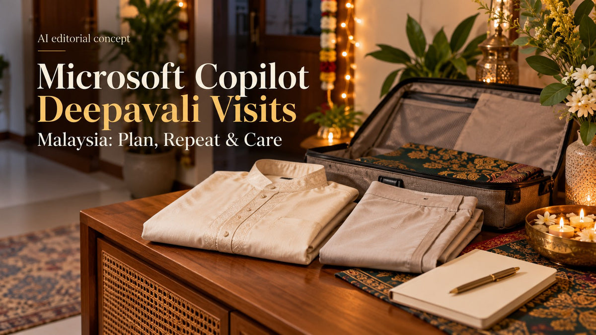 Cream kurta and pale bottoms beside a neatly organised garment bag, with Microsoft Copilot Deepavali Visits and Malaysia typography.