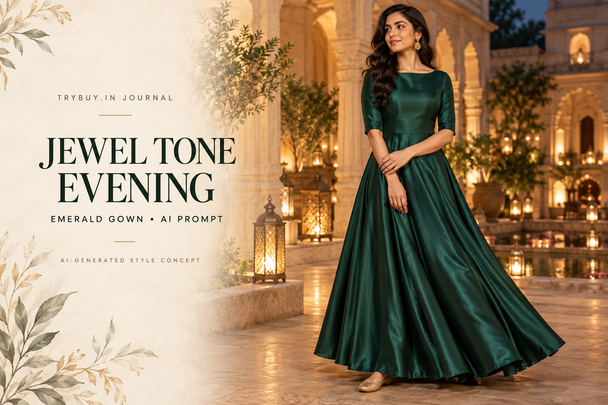 AI-generated woman in an emerald gown with Jewel Tone Evening text