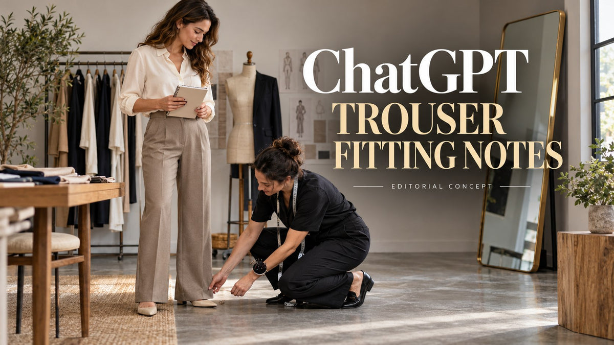 ChatGPT — TROUSER FITTING NOTES. AI-generated editorial concept, not actual inventory.