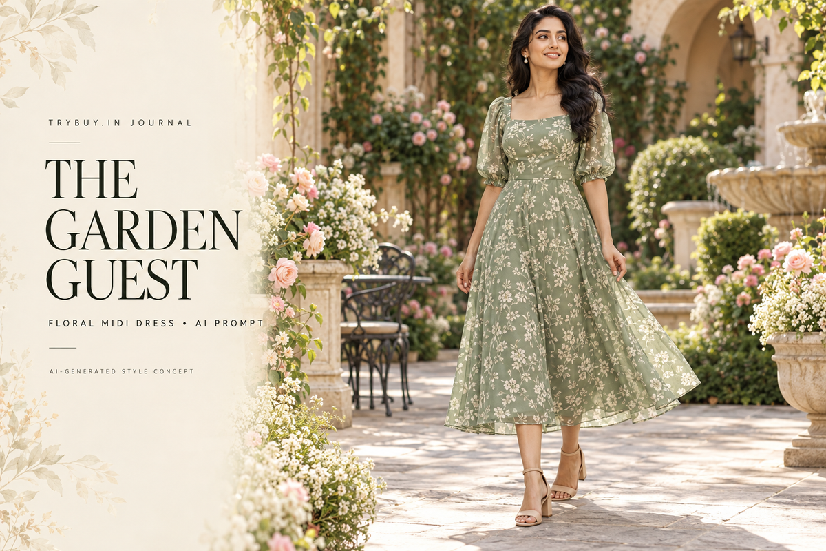 AI-generated woman in a sage floral midi dress with The Garden Guest text