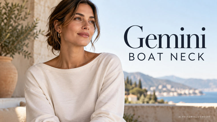 Gemini Boat-Neck Sweatshirt Image Prompts: Keep Binding Around One Neckline