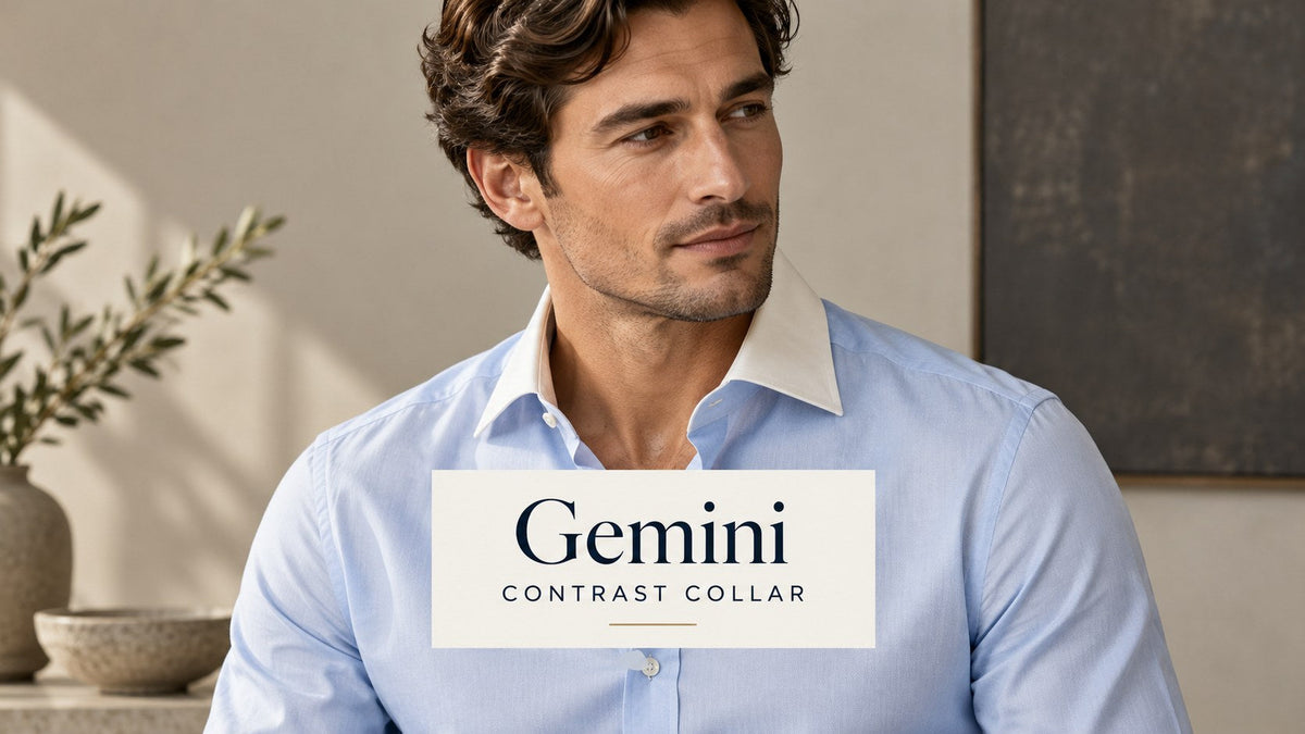 AI-generated editorial concept of an adult man in a blue shirt with an ivory collar, with the text Gemini Contrast Collar.