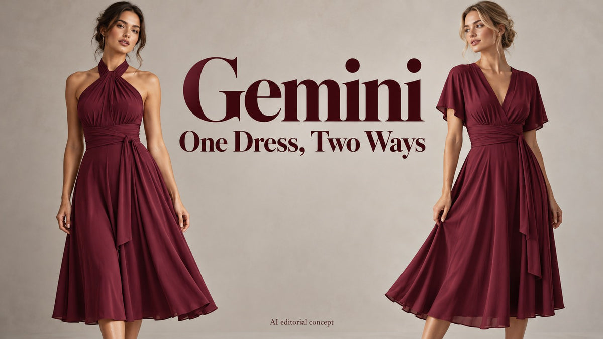 AI editorial diptych of one burgundy convertible dress in two concept arrangements, with text Gemini One Dress Two Ways.